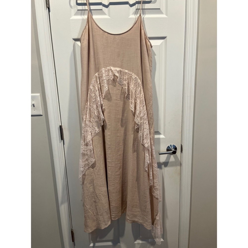 Baevely Tan Crinkle Lace Ruffle Maxi Dress Womens 1XL Boho Asymmetrical Hem